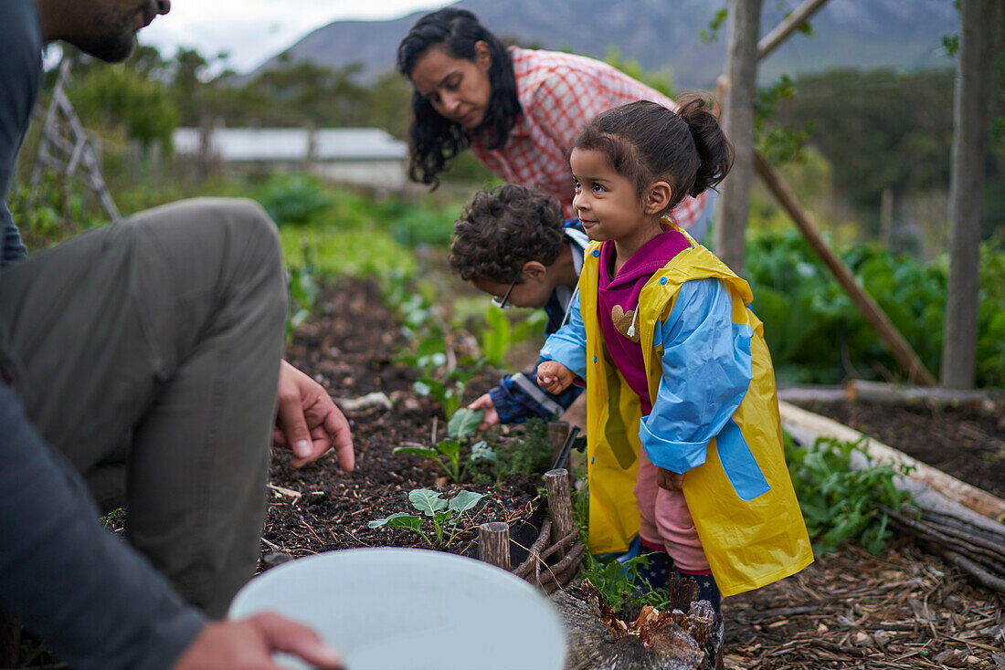 Toddler girl gardening with family