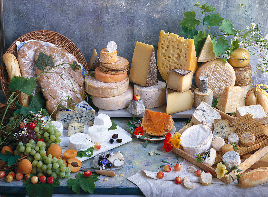 Still life with cheeses from different European countries