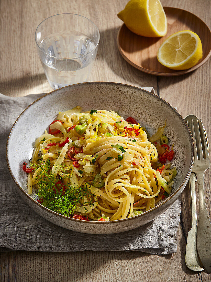 Linguine with ricotta, chilies, and fennel