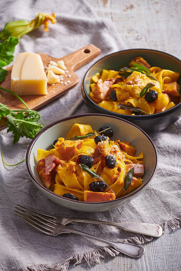 Wide ribbon pasta with roasted Hokkaido pumpkin, bacon, olives, and sage