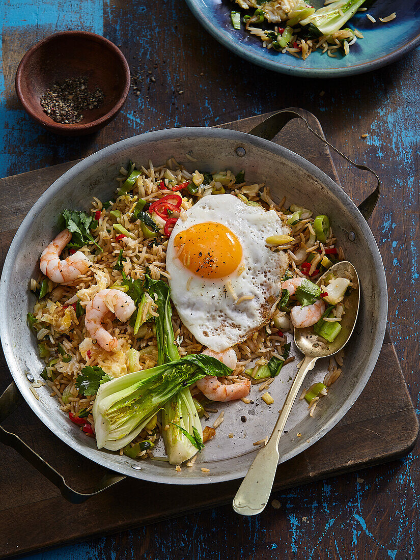 Nasi Goreng (Indonesian fried rice) with shrimp and fried egg