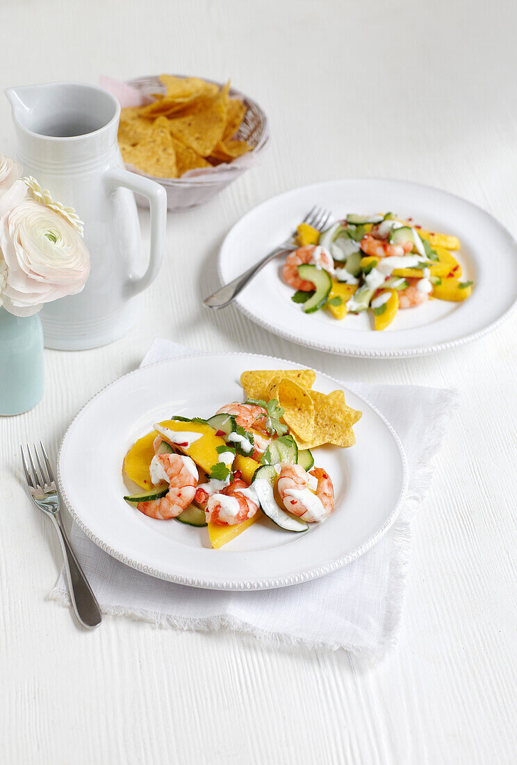 Garnelensalat mit Mango, Gurke und Tortilla-Chips