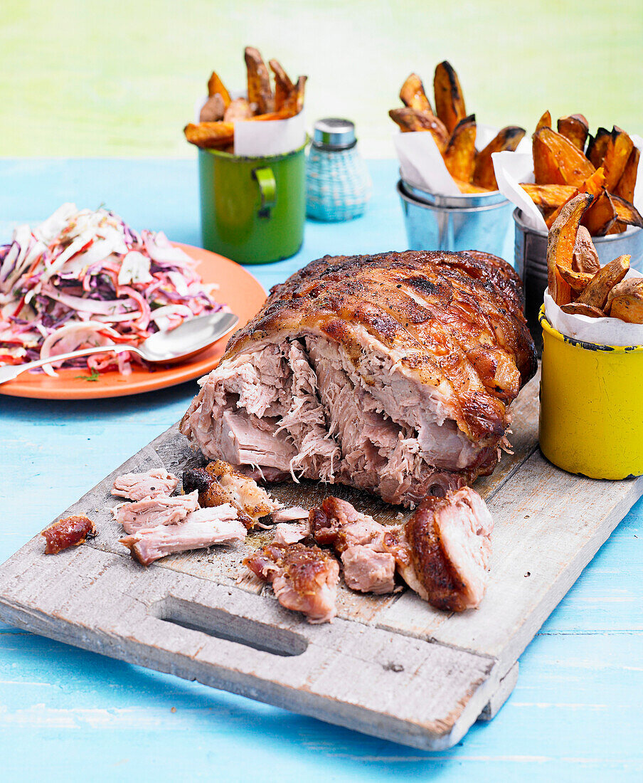 Slow cooked pork with spicy coleslaw and sweet potato fries
