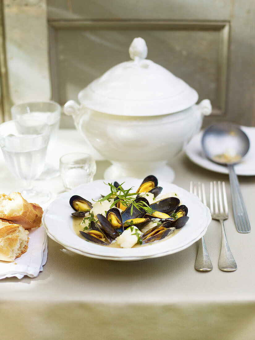 Fish and mussels in broth on a festively decorated table