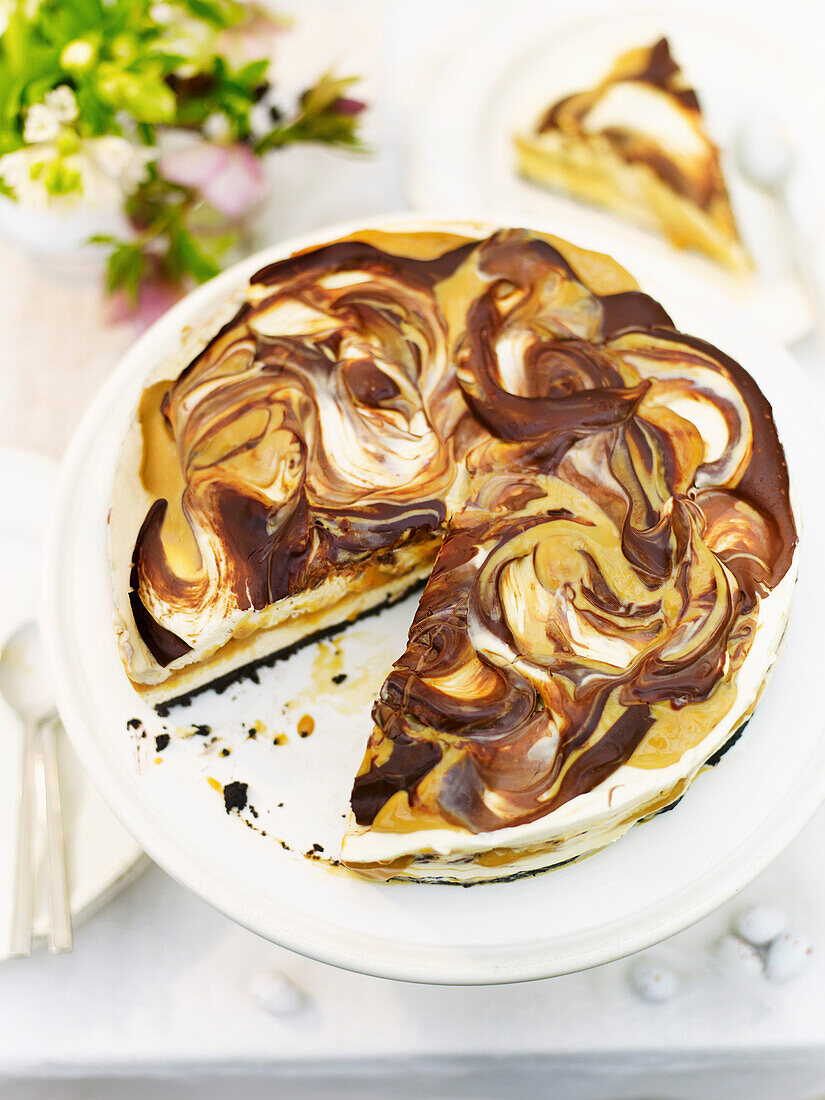 Salted caramel and chocolate swirl cheesecake