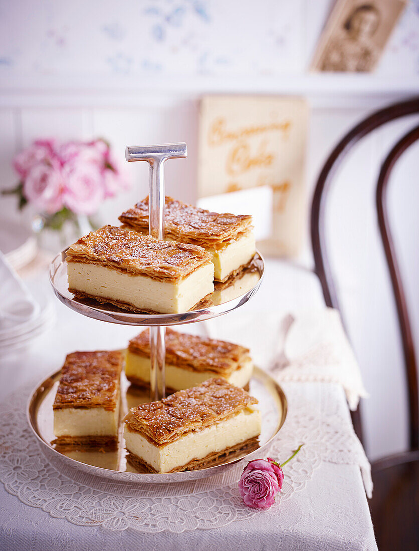 Vanilla cream slices on a dessert tray