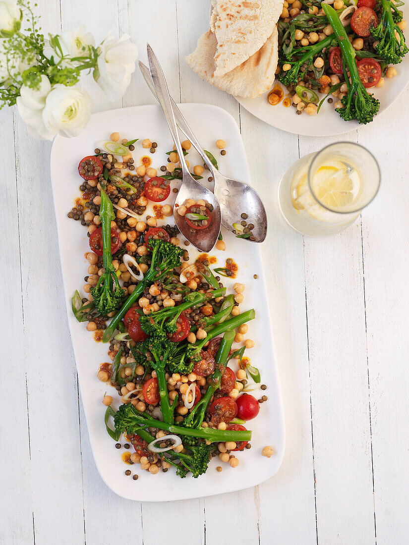 Spicy chickpea salad with cherry tomatoes and broccolini