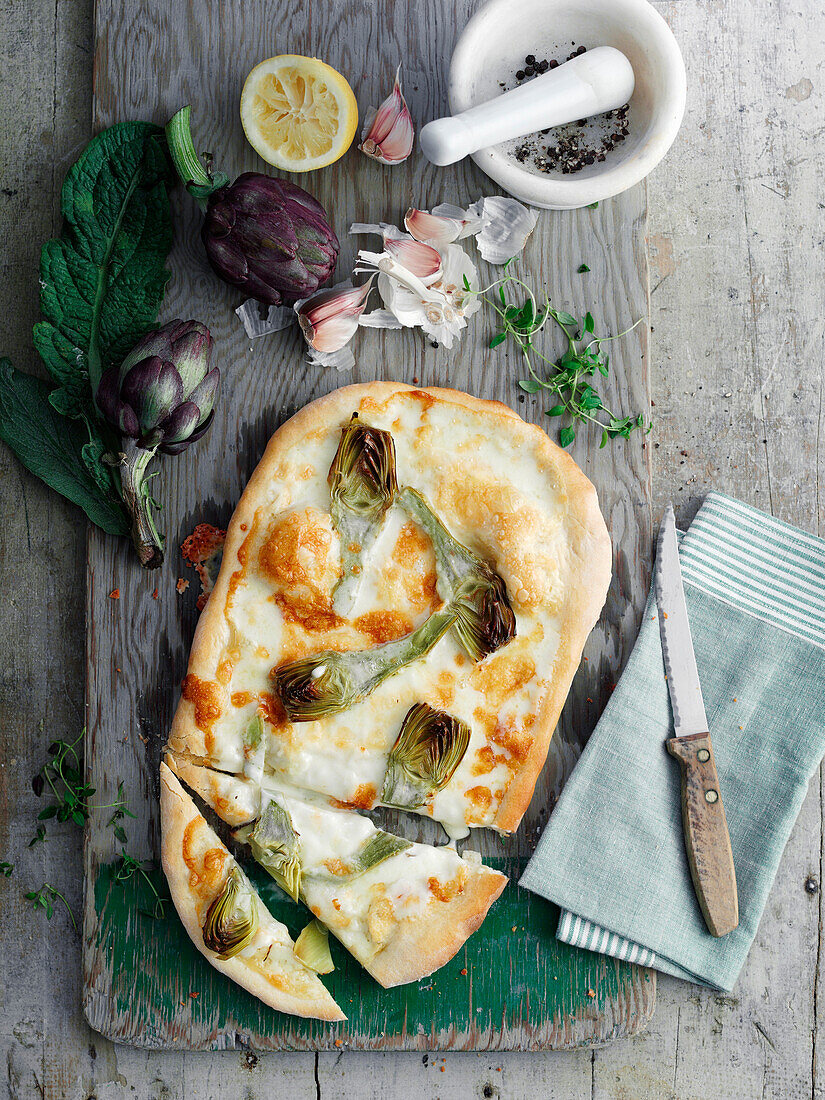 Pizza bianco with artichoke hearts