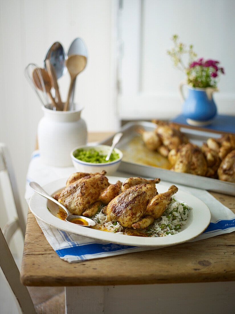 Poussin with Indian spices and coriander and coconut chutney