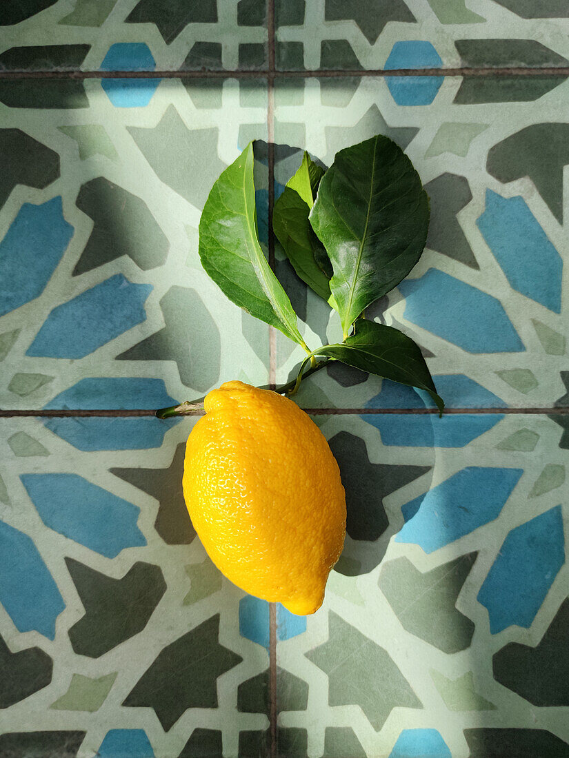 Zitrone mit Blättern auf Fliesenuntergrund