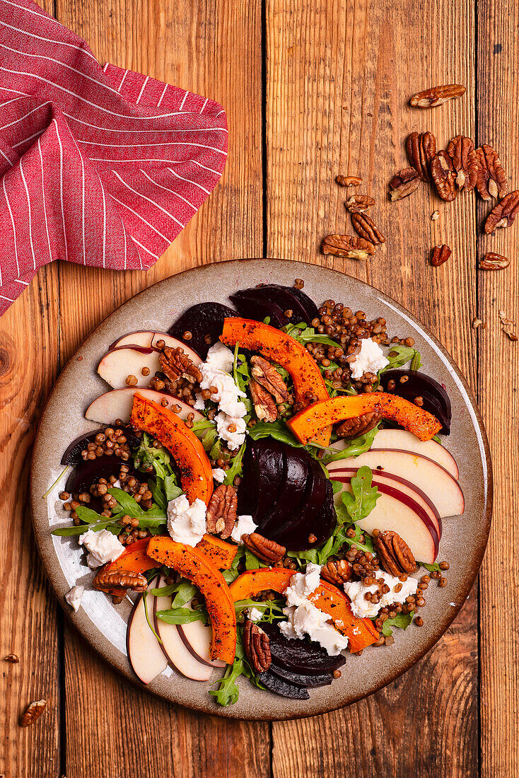 Salad with, beets, apple, rocket, roasted pumpkin, and pecans