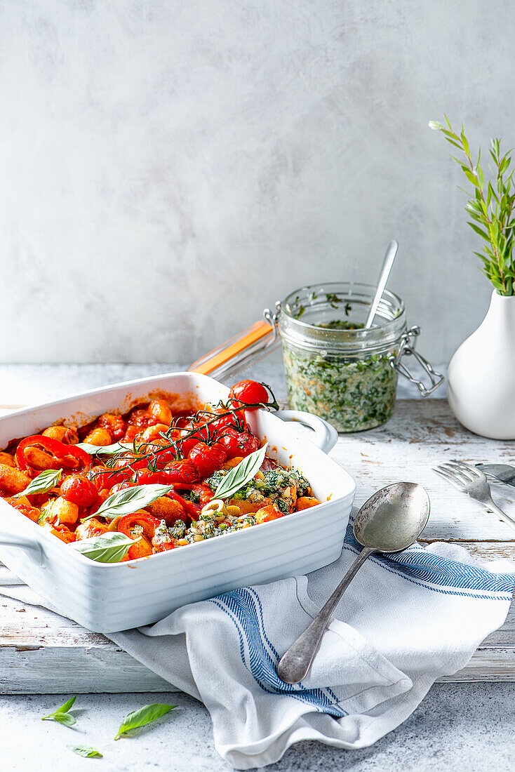 Gnocci with tomato and pepper sauce, pesto and roasted tomatoes