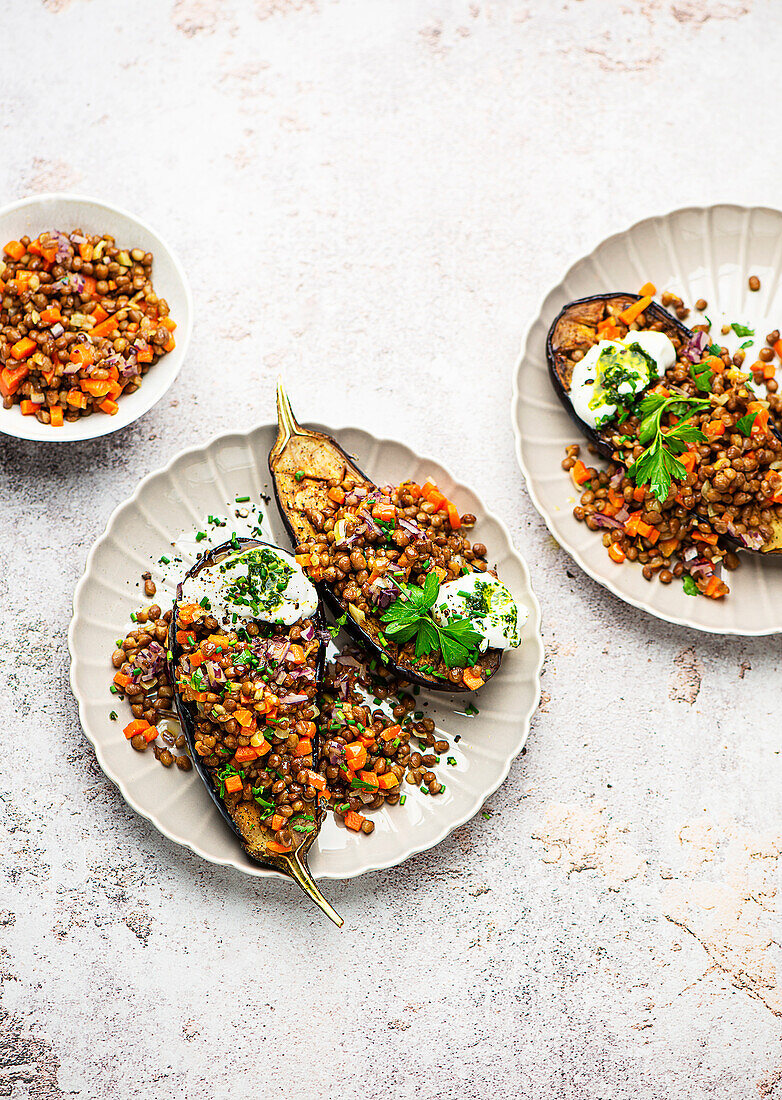 Grilled aubergine with lentils and yoghurt