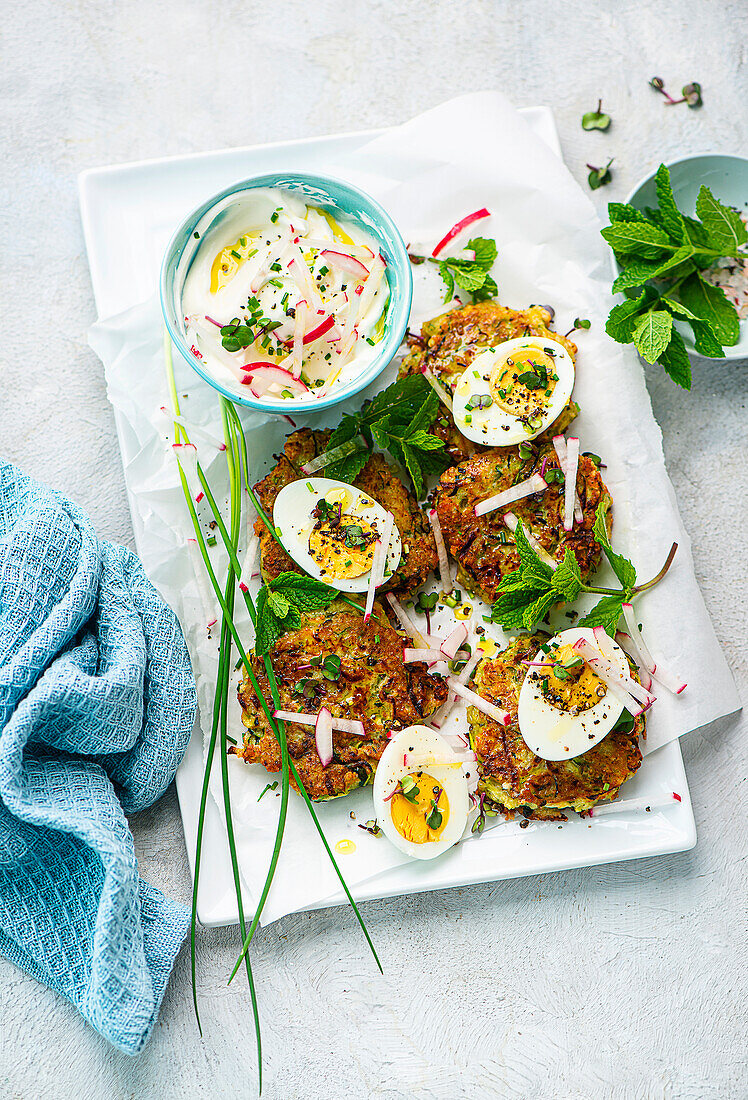 Zucchini-Röstis mit Ei und Joghurt-Dip