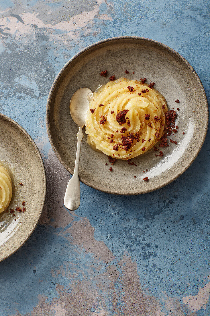 Pear and mustard sorbet with chocolate curd