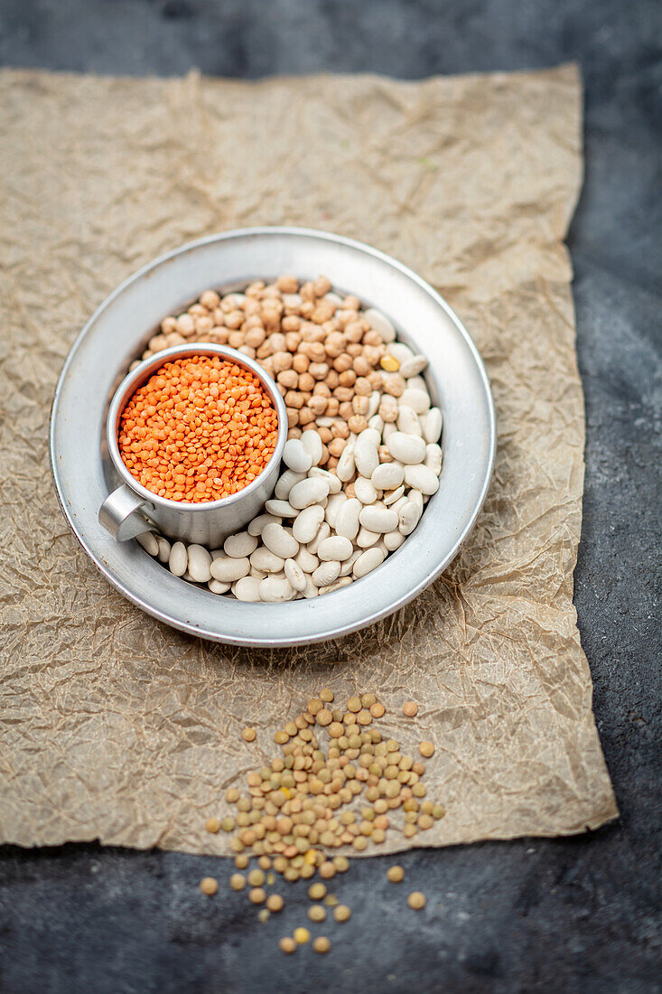 Various pulses - lentils, white beans, and chickpeas