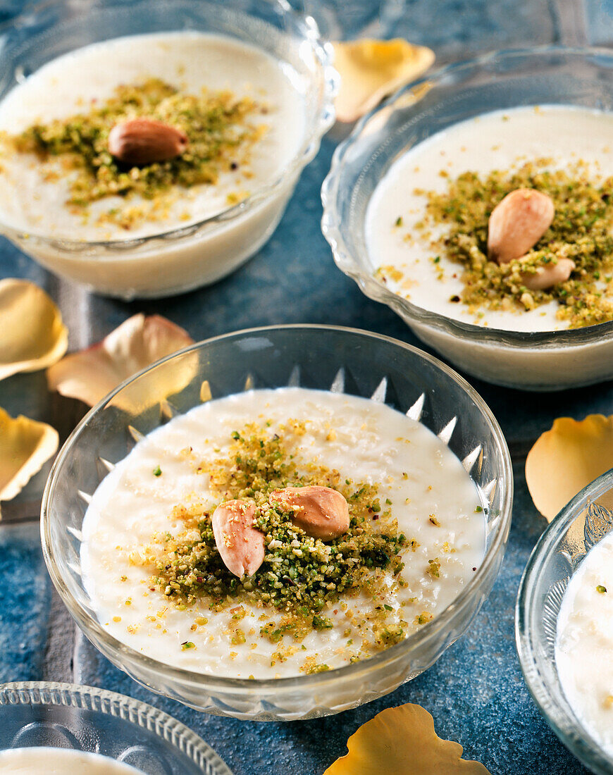Lebanese rice pudding with almonds and pistachios