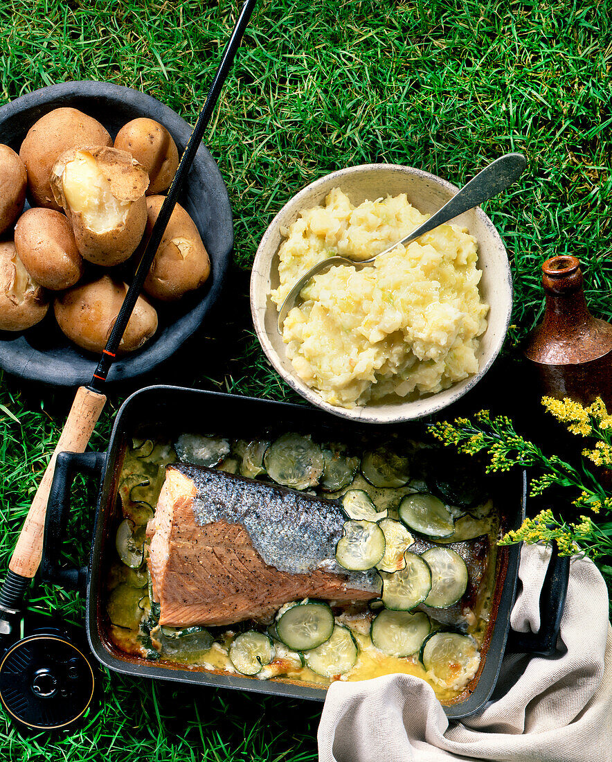 Oven roast Irish salmon with cabbage and cucumber