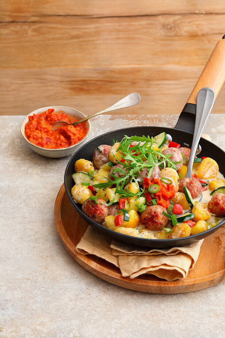 Gnocchi-salsiccia-pan with vegetables