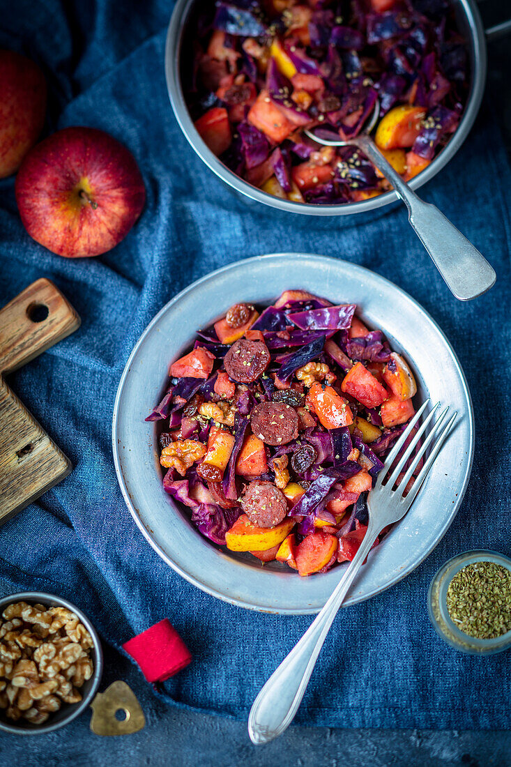 Red cabbage with chorizo and walnuts