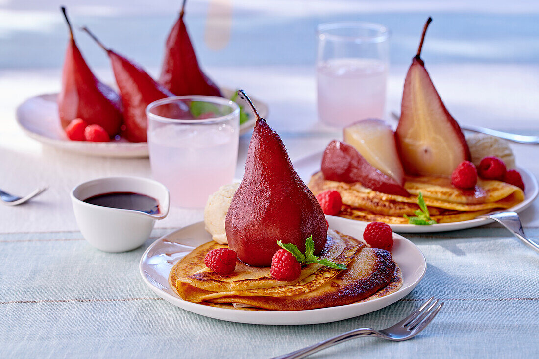 Crepes with red wine pears
