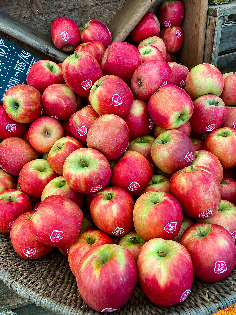 Pink Lady apples at a farmers' market in Cape Town, South Africa