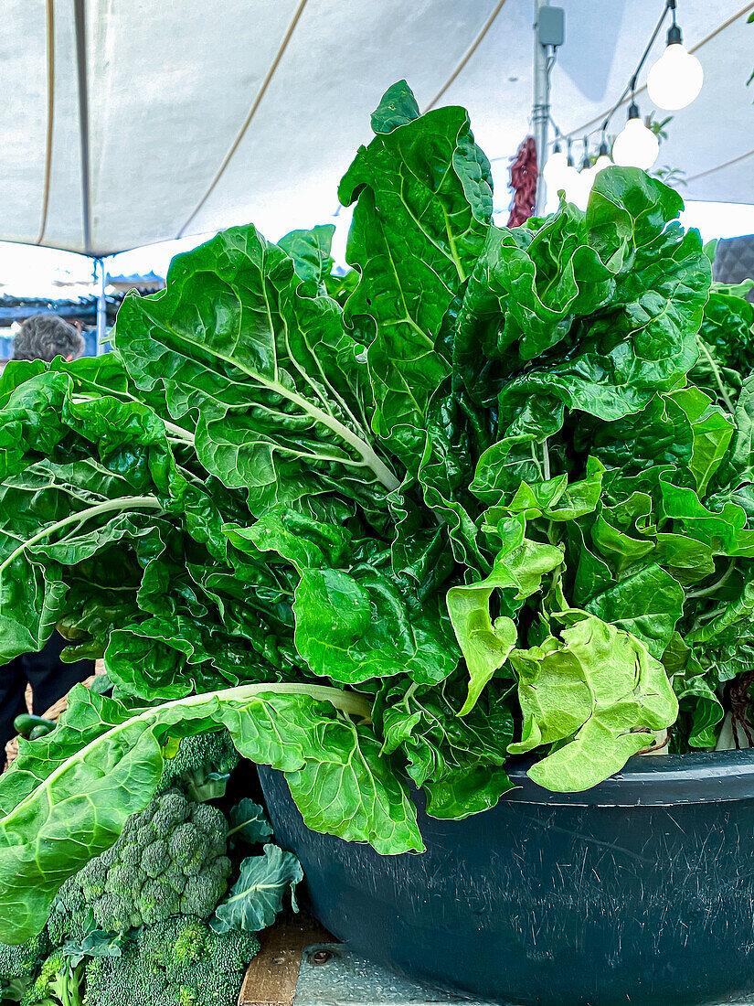 Organic chard and broccoli at a farmers' market in Cape Town, South Africa