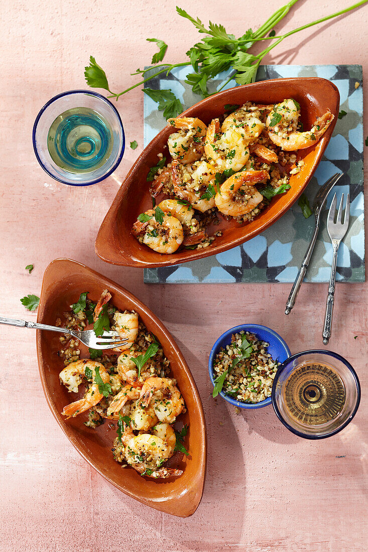 Prawns with almond-and-herb Parmesan (Sicily, Italy)