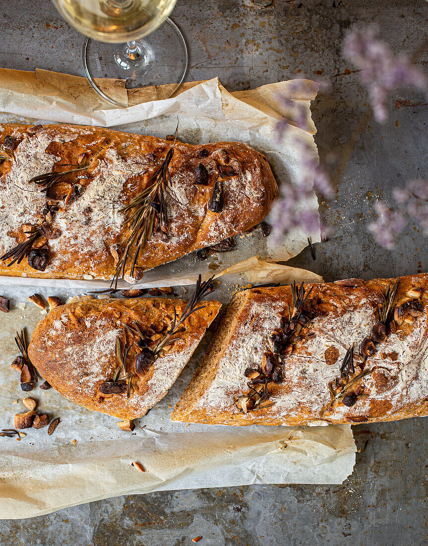 Herb ciabatta with rosemary and pine nuts