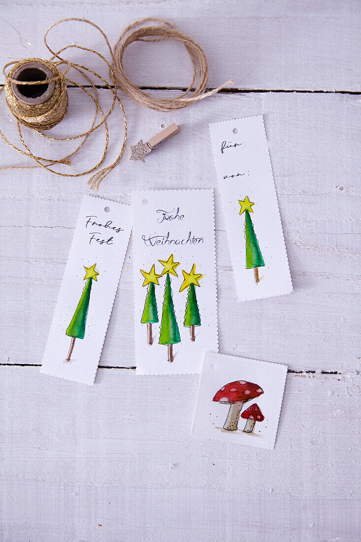 Homemade paper tags with Christmas trees