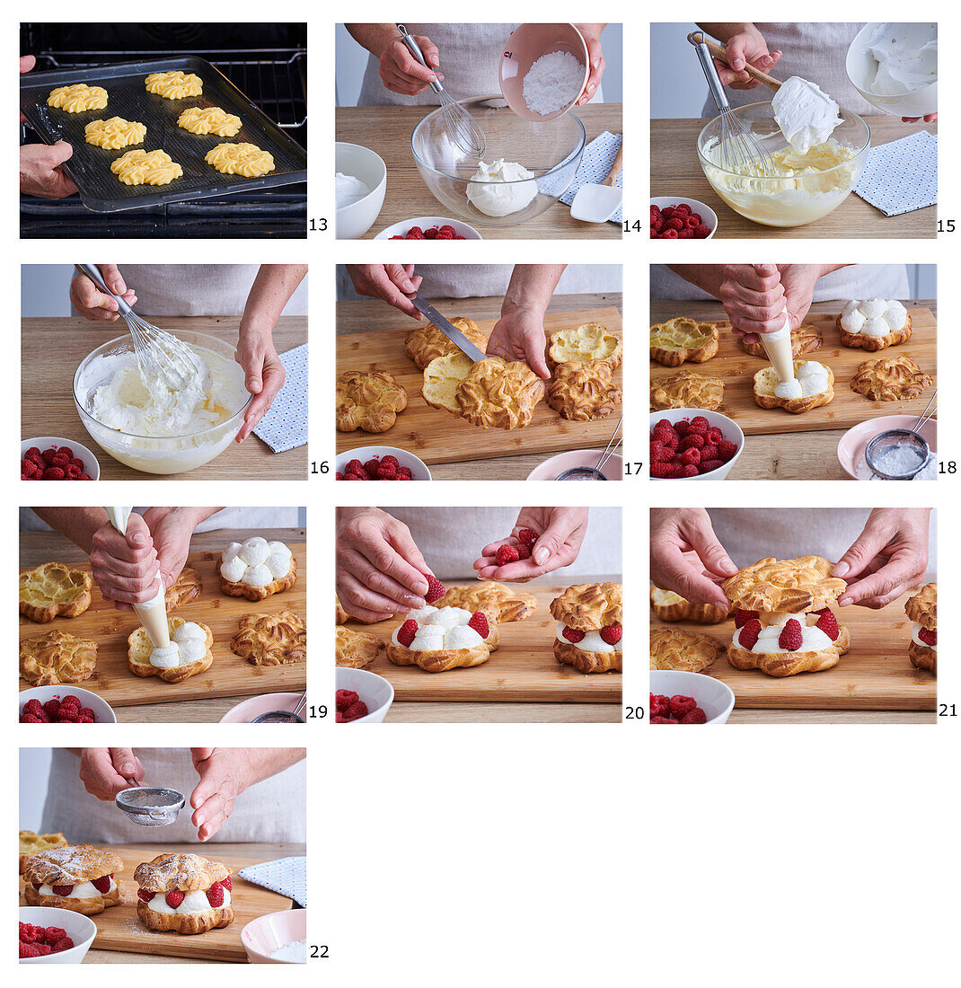 Baking choux pastry pinwheels with raspberries