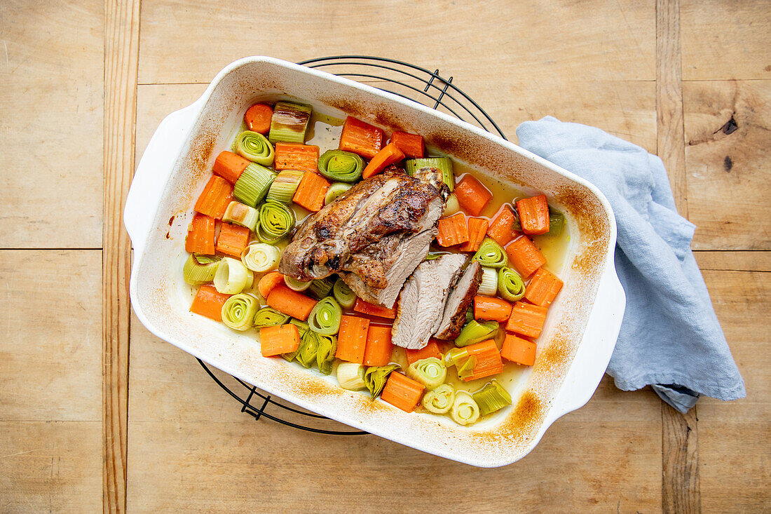 Oven-roasted turkey leg with a leek and carrot medley
