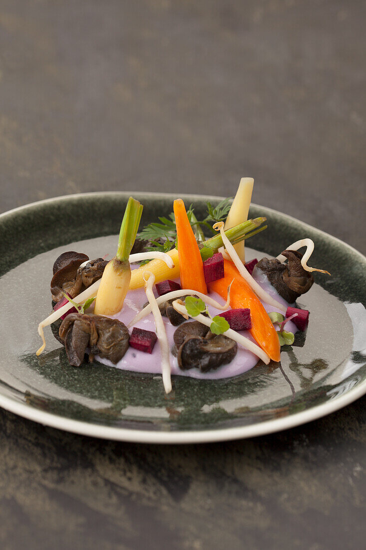 Snails with carrots, beansprouts and beetroot sauce