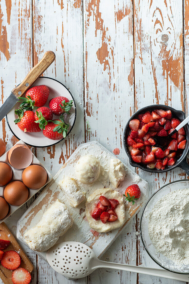 Strawberry dumplings being made