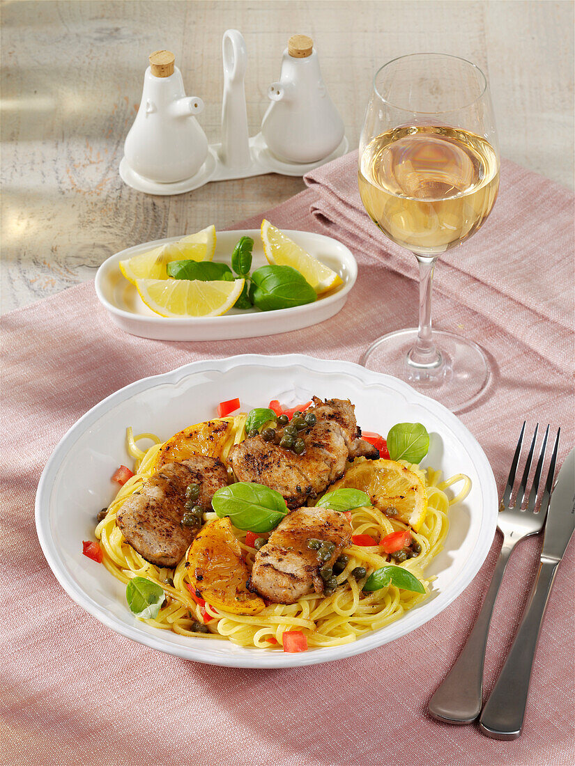 Fillet schnitzel with capers and pasta