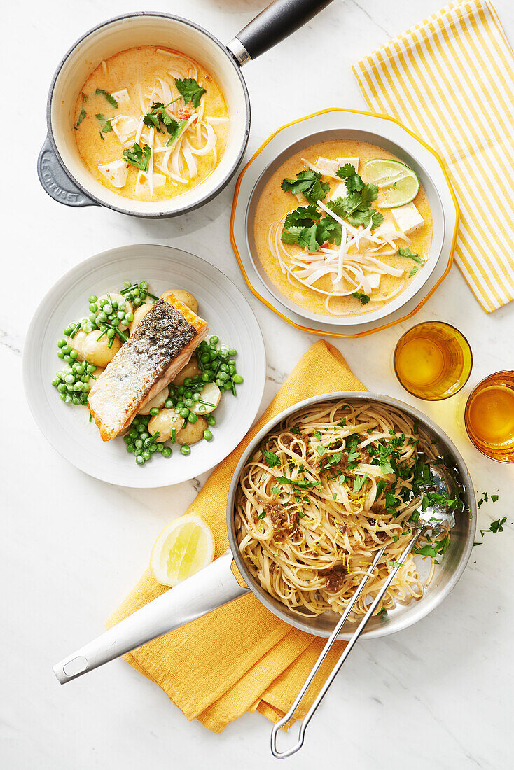 Cherry tomato and tofu laksa, Salmon with peas, lemon and creme fraiche, Anchovy, onion and parsley linguine