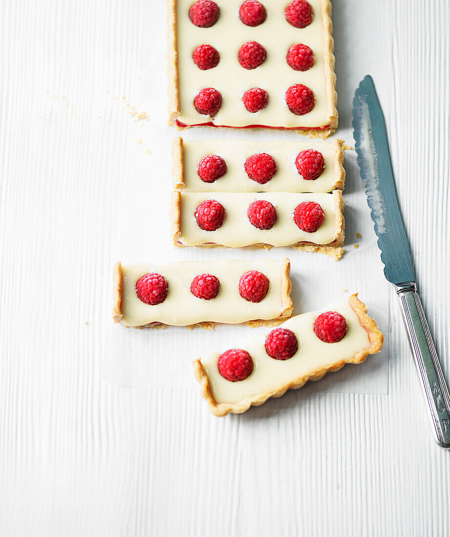 Raspberry and white chocolate tart