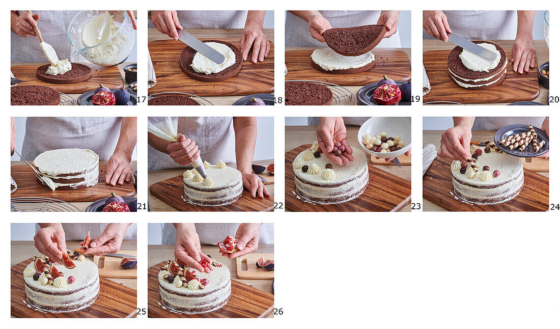 Winter nut cake gateau with figs and pomegaranate - step by step