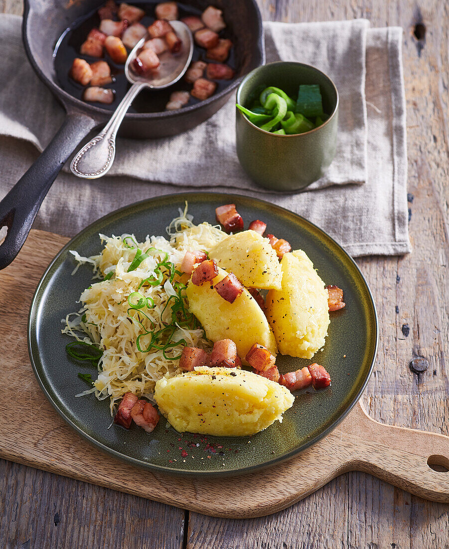 Potato gnocchi with bacon and braised cabbage
