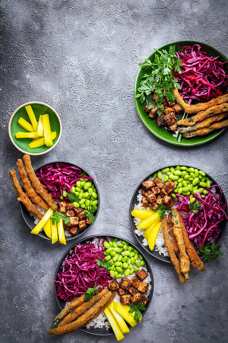 Healthy bowl with tofu, red cabbage, edamame and green beans