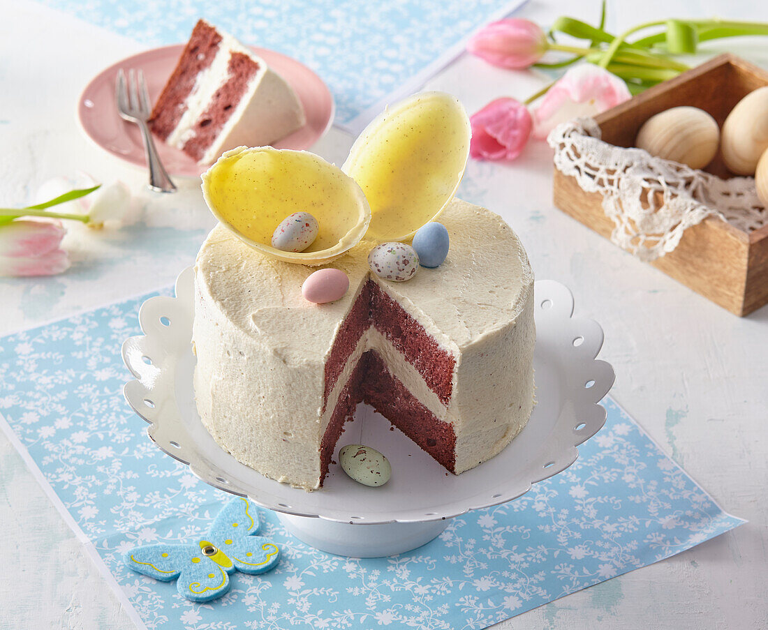 Easter cake with pudding cream and chocolate eggs