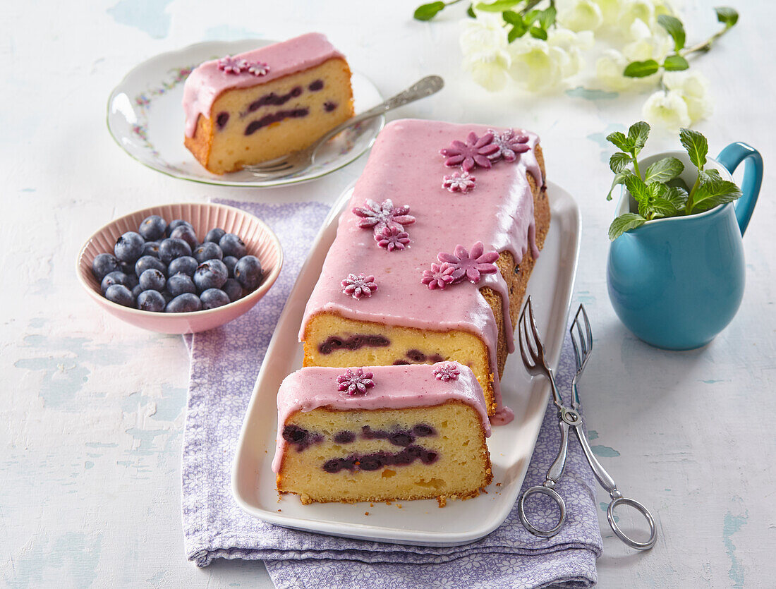 Sweet yoghurt cake loaf with blueberries