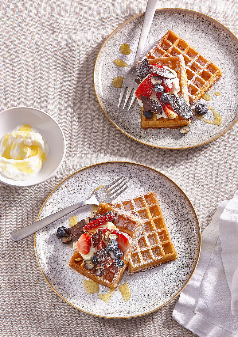 Ricotta waffles with maple syrup and fruit