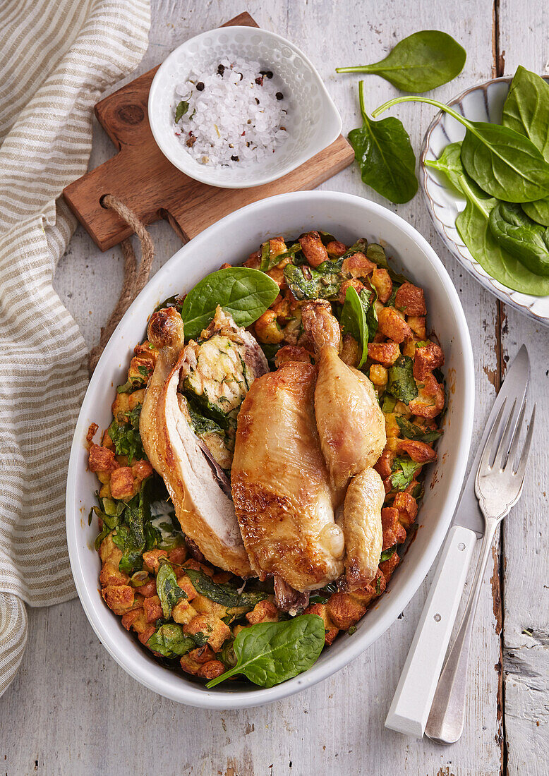 Baked spring chicken and spinach stuffing
