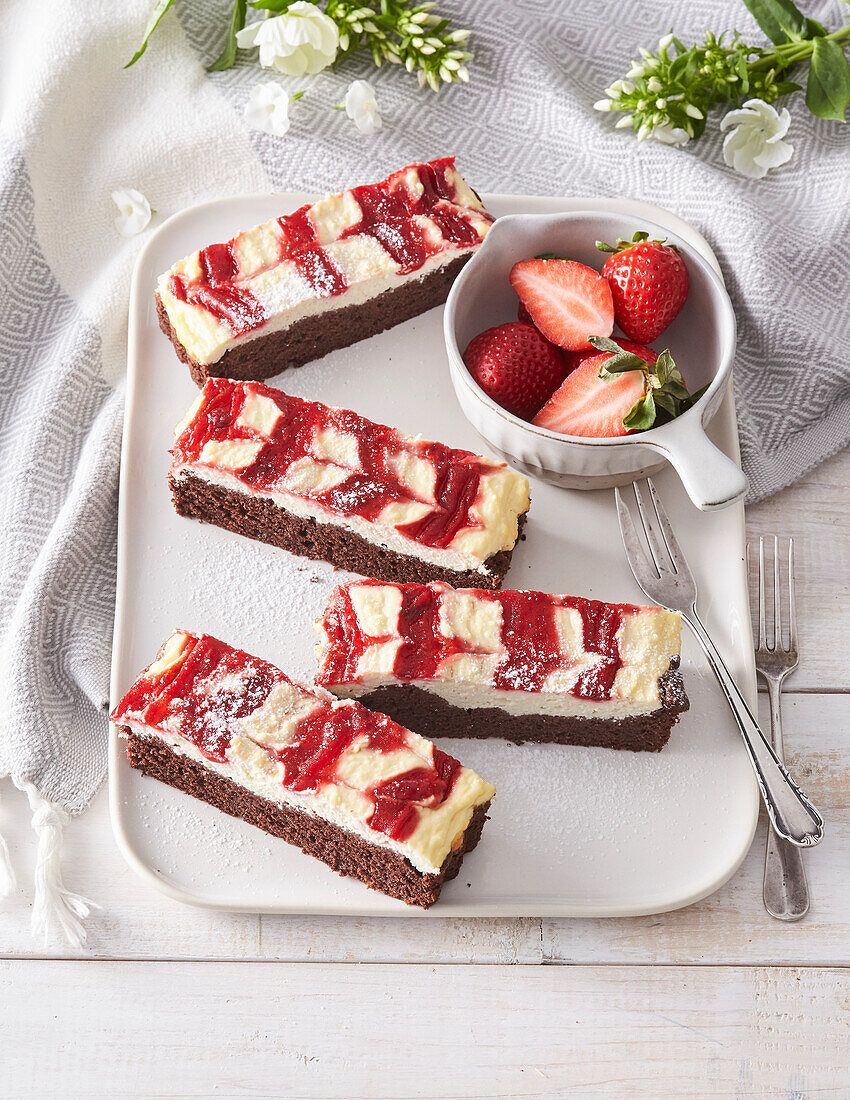Chocolate cake bars with strawberries and quark