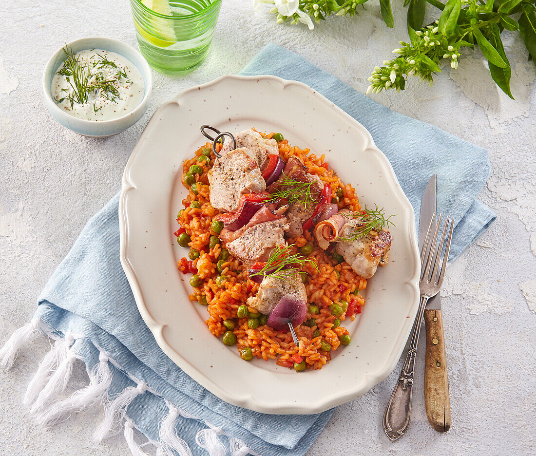 Pork skewers with Serbian risotto