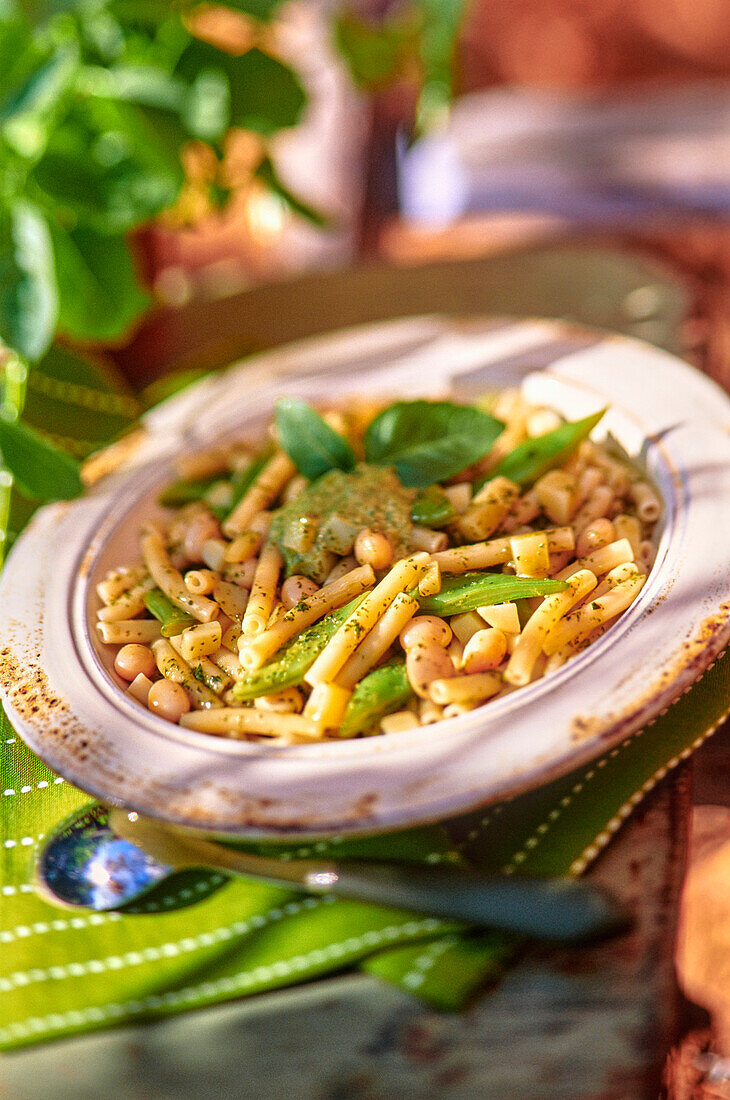 Maccheroni-Salat mit Pesto und weißen Bohnen