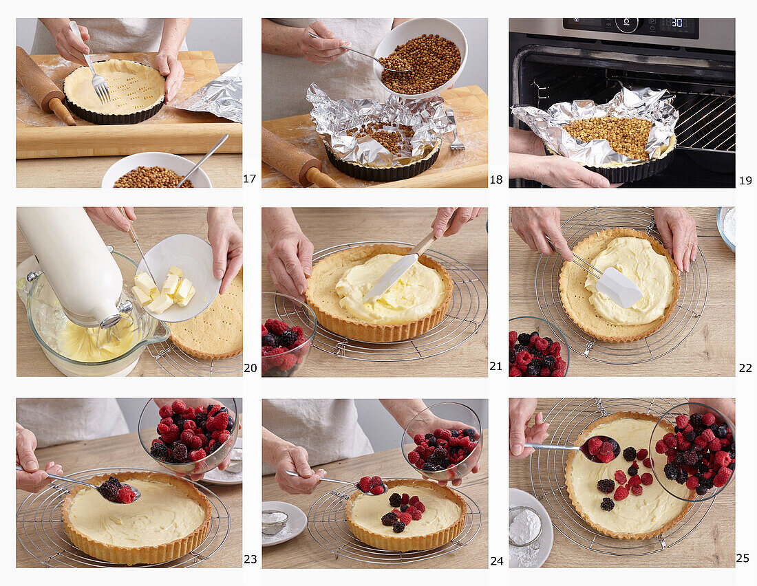 Baking shortcrust pie with pudding cream and berries - step by step