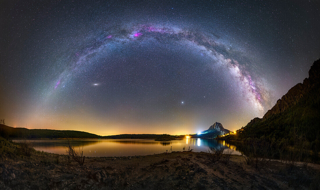 Milky Way over mountains and lake, Portugal