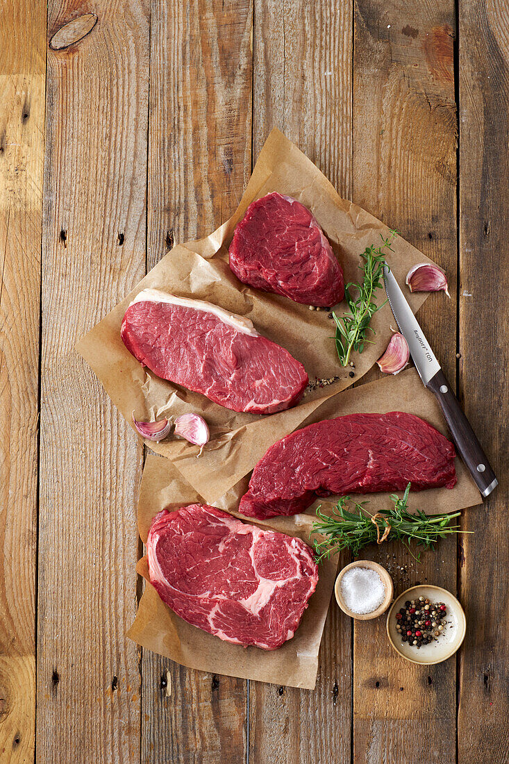 Assorted beef steaks - fillet steak, rump steak, rump steak, entrecôte